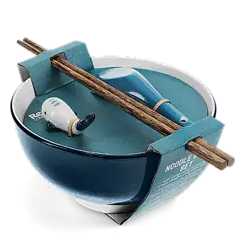 Blue ceramic noodle bowl set with spoon, chopsticks, and fish-shaped rest