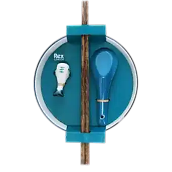 Blue ceramic noodle bowl set with spoon, chopsticks, and fish-shaped rest
