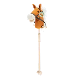 hobby horse toy with white mane and black bridle on a wooden stick
