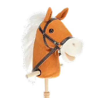 hobby horse toy with white mane and black bridle on a wooden stick