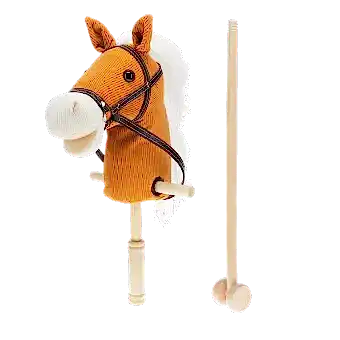 hobby horse toy with white mane and black bridle on a wooden stick