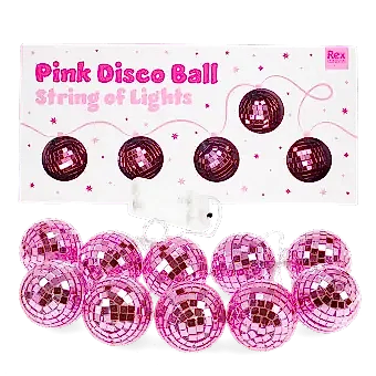 String of pink disco ball lights shown with packaging in the background.
