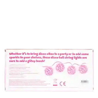 Back of packaging for pink disco ball string lights with product details and safety warnings.