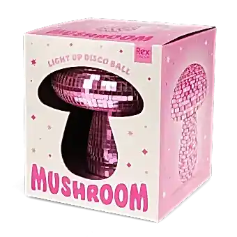 Pink disco mushroom table lamp in a pink box with cut-out window.