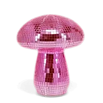 Pink disco mushroom-shaped table lamp with mirrored tiles.