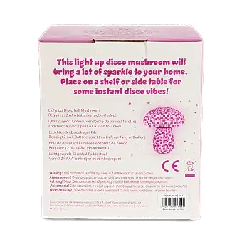 Back of pink disco table lamp packaging with product details and safety warnings.