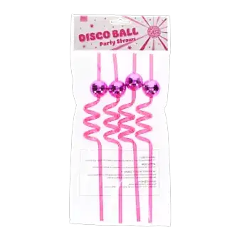 Four disco ball party straws in a packaging