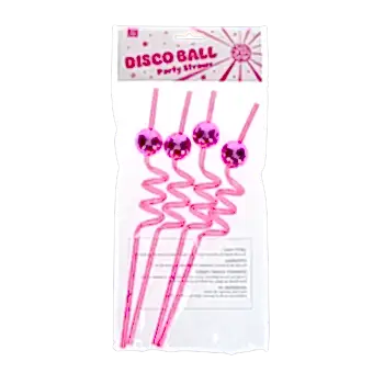Four disco ball party straws in a packaging