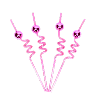 Four pink curly straws each topped with a small pink disco ball decoration.