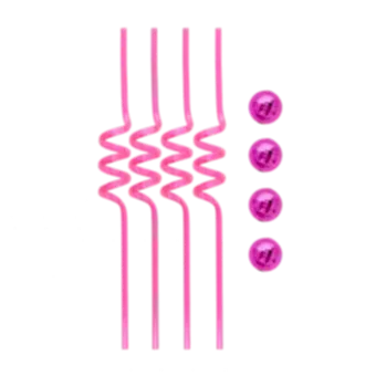 Four pink curly straws with four small pink disco ball decorations.