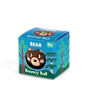 Blue bouncy ball with a bear face design in a packaging