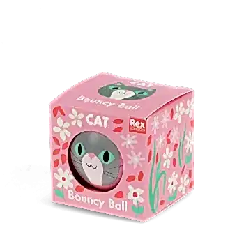 Pink bouncy ball with a cat face design in a packaging