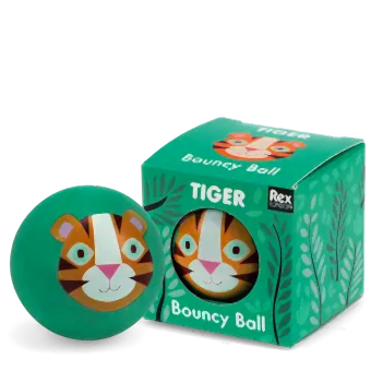 Green bouncy ball with a tiger face design next to its matching box