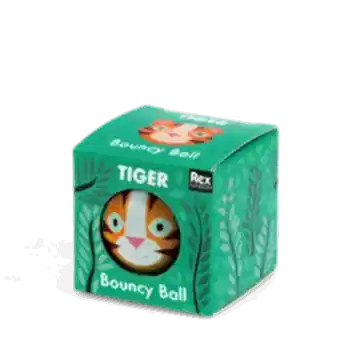 Green bouncy ball with a tiger face design in a packaging box 