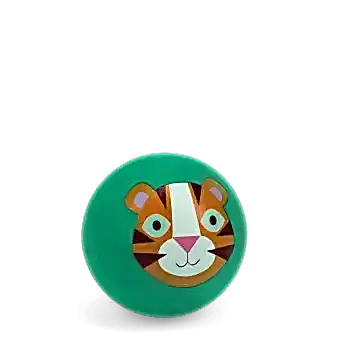 Green bouncy ball with a tiger face design 