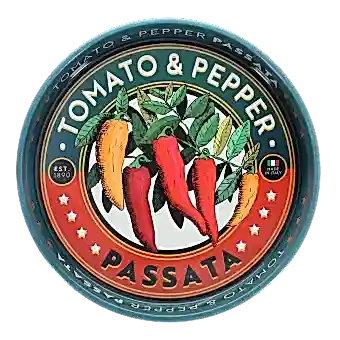 Round metal serving tray with vintage-style tomato and pepper text design and chili illustration