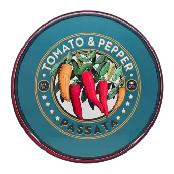 Back of Round metal serving tray with vintage-style tomato and pepper text design and chili illustration