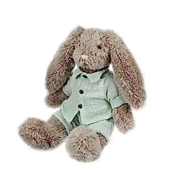 Plush bunny toy with floppy ears, wearing light green shirt and pants
