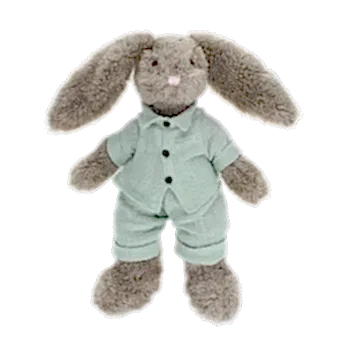 Plush bunny toy with floppy ears, wearing light green shirt and pants