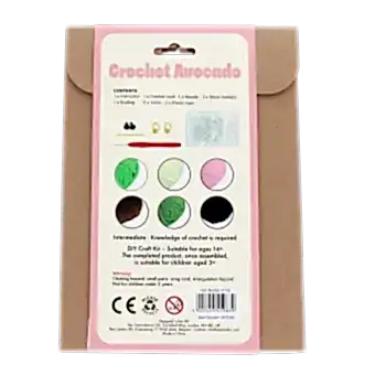 Avocado crochet kit back packaging with safety warnings descriptions