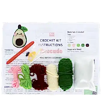 Crochet kit with yarn, crochet hook, stuffing, stitch markers, and instructions 