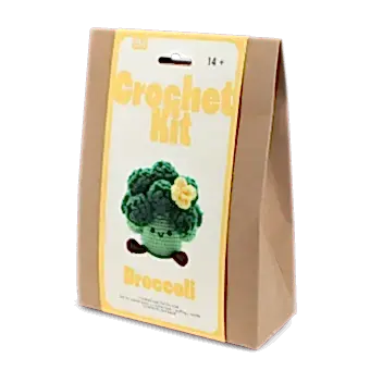 Crochet kit front packaging with broccoli printed design