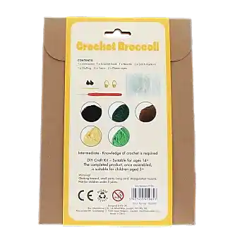 Crochet kit back packaging with safety warnings descriptions