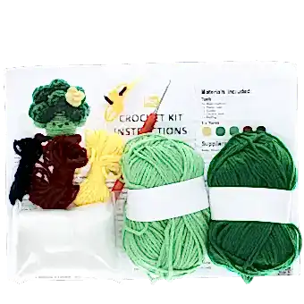 Crochet kit with yarn, crochet hook, stuffing, stitch markers, and instructions 