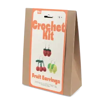 Crochet kit packaging front view with printed strawberries, lemons, and cherries