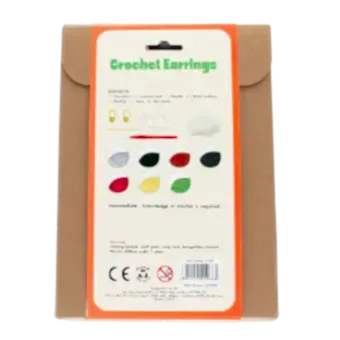 Crochet kit packaging front view with safety warnings descriptions