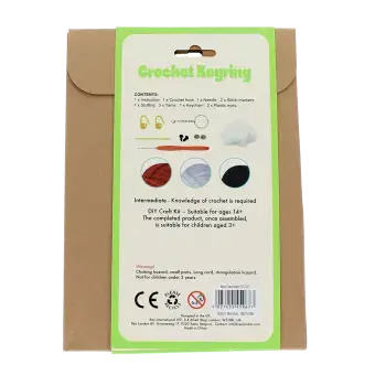 Crochet kit back packaging with safety warnings descriptions
