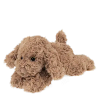 Brown plush dog toy lying down with floppy ears and soft fur