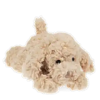 Light brown plush dog toy lying down with floppy ears and soft fur