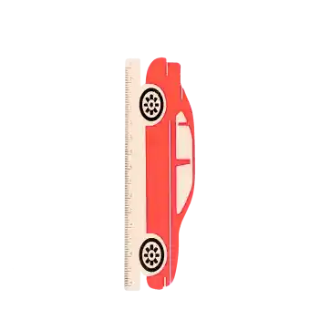 A red ruler shaped like a car with measurement markings along the bottom edge