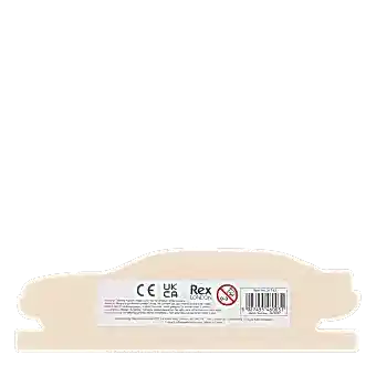 Back of wooden car ruler showing barcode and safety warnings.