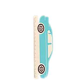 A blue ruler shaped like a car, with measurement markings along the bottom edge