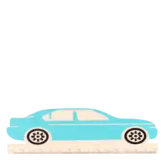 A blue ruler shaped like a car, with measurement markings along the bottom edge