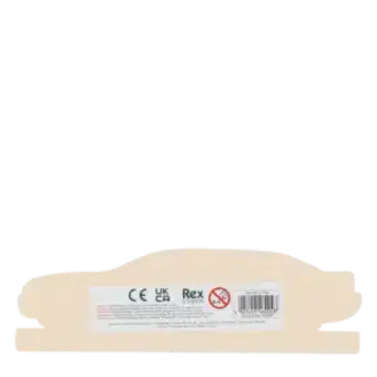 Back of wooden car ruler showing barcode and safey warnings.