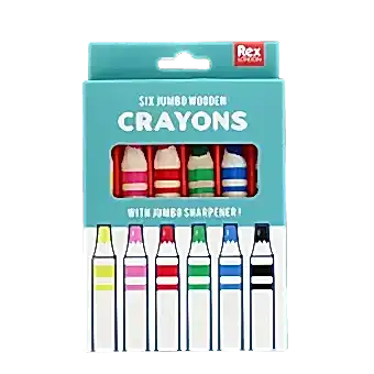 Pack of six jumbo wooden crayons in assorted colors with sharpener