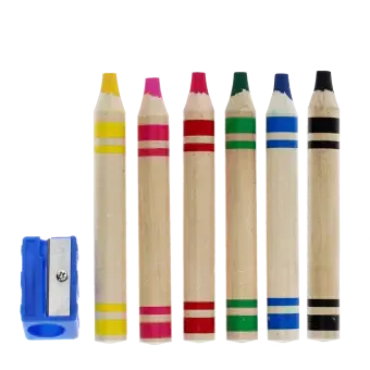 Six jumbo wooden crayons in different colour with a blue sharpener.