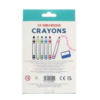 Back of jumbo crayons packaging showing descriptions and safey warnings.