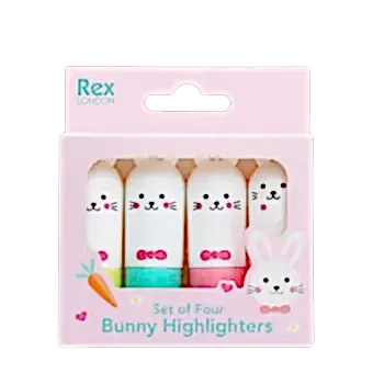 Set of four bunny-shaped highlighters in different colours in a pink box.