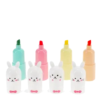 Set of four bunny-shaped highlighters in different colour with cap off.
