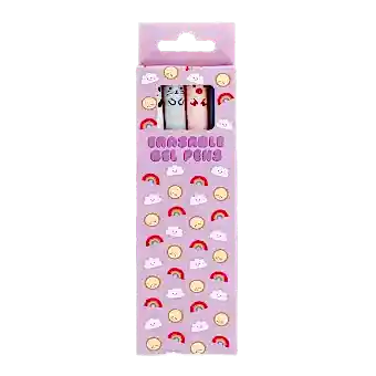 Pack of four animal-themed erasable gel pens in a pink box with rainbow and cloud design.
