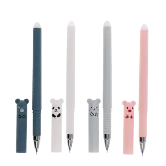 Pack of four animal-themed erasable gel pens in a different colour with cap off.