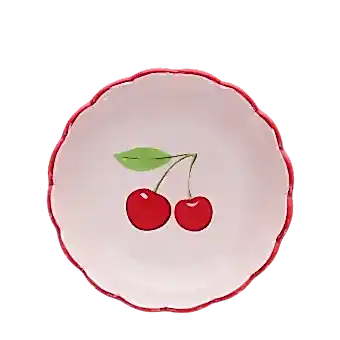 round ceramic trinket dish with scalloped red edge and cherry design in the center