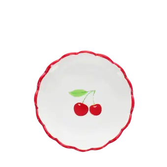 Round ceramic trinket dish with scalloped red edge and cherry design in the center.
