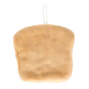 Back of a brown kitchen cloth shaped like a slice of bread with hanging loop