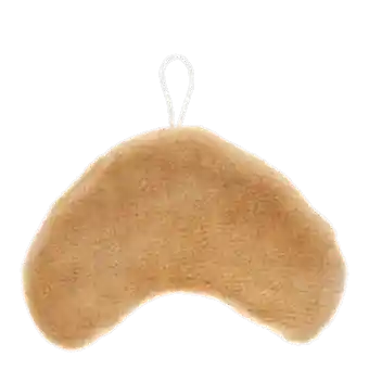 Back of a brown kitchen cloth shaped like a croissant with hanging loop