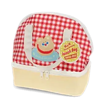 Red and white checkered lunch bag featuring a cute bear illustration with tag